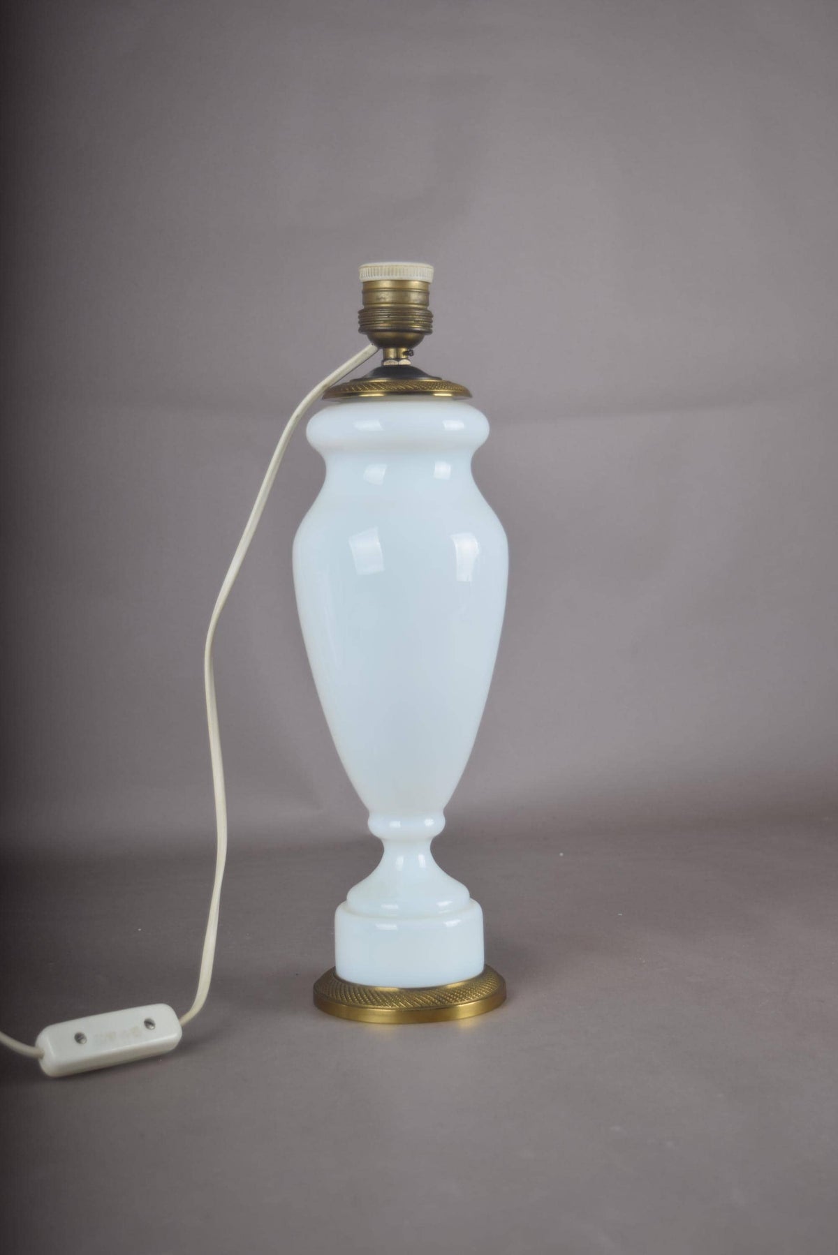 Vintage White Opaline Glass Table Lamp, Baluster Body and Brass Base, Pleated Shade Included