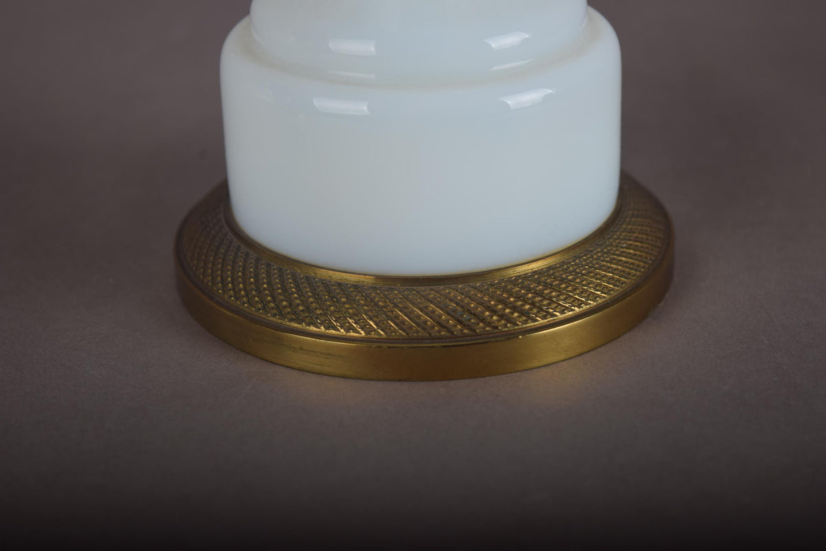 Vintage White Opaline Glass Table Lamp, Baluster Body and Brass Base, Pleated Shade Included