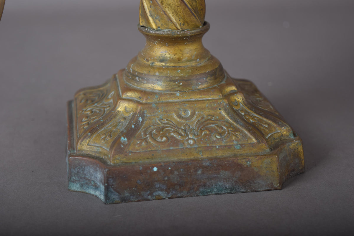 Antique Brass Table Lamp, Twisted Rope Column on Embossed Hexagonal Base, New Shade Included