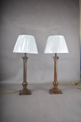 Pair of Antique Brass Corinthian Column Table Lamps, Fluted Column Lamps with New Pleated Shades