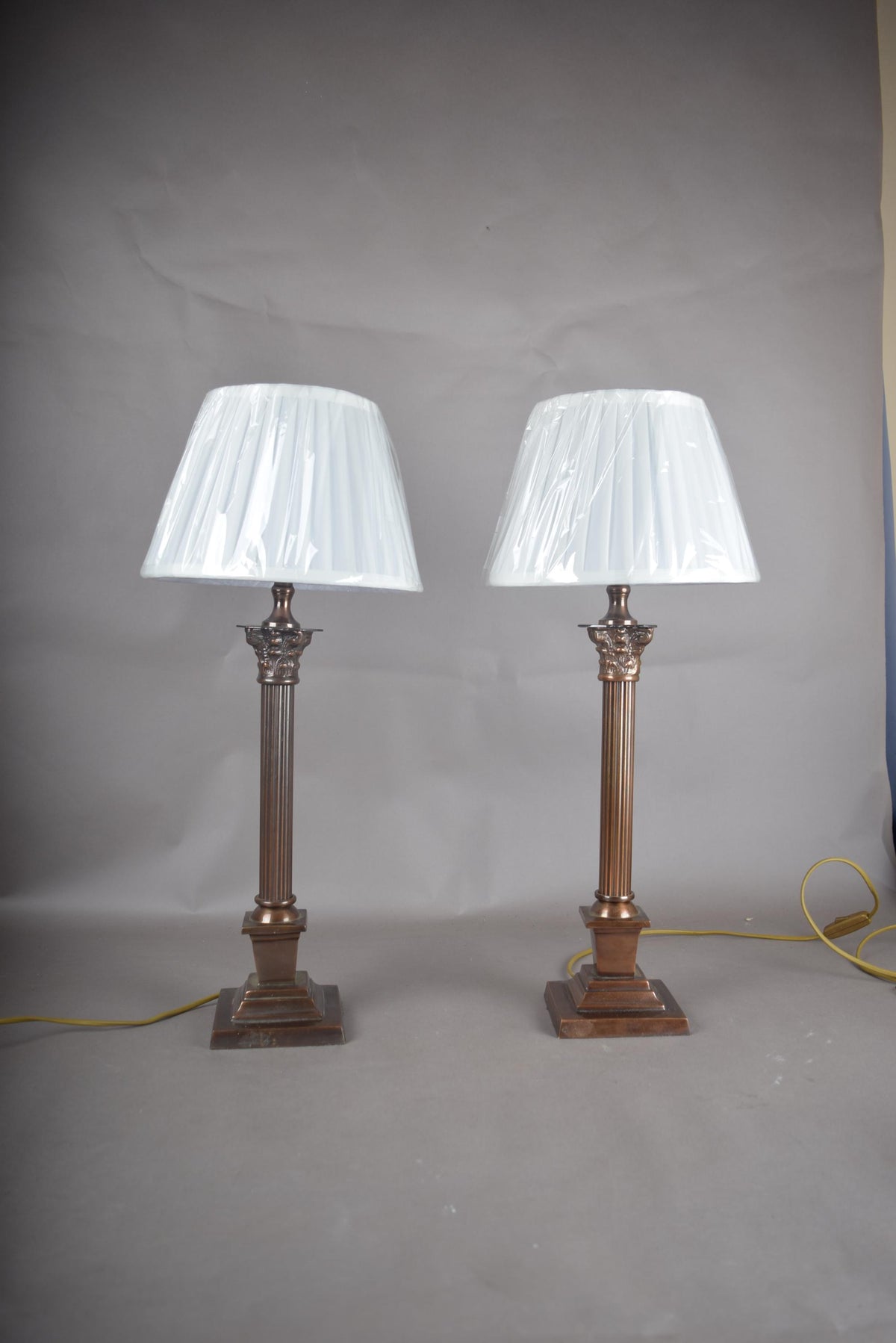 Pair of Antique Brass Corinthian Column Table Lamps, Fluted Column Lamps with New Pleated Shades