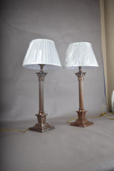 Pair of Antique Brass Corinthian Column Table Lamps, Fluted Column Lamps with New Pleated Shades