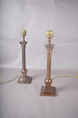 Pair of Antique Brass Corinthian Column Table Lamps, Fluted Column Lamps with New Pleated Shades