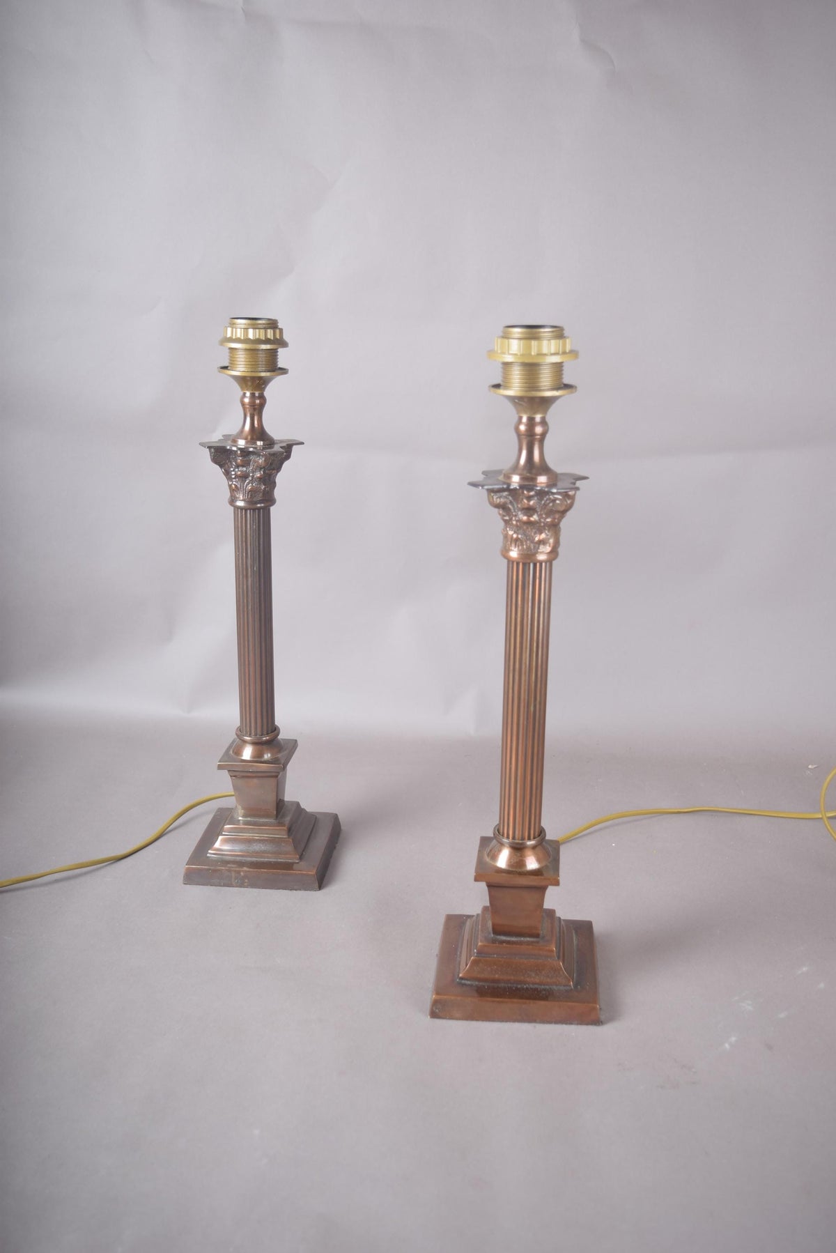 Pair of Antique Brass Corinthian Column Table Lamps, Fluted Column Lamps with New Pleated Shades