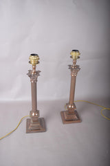 Pair of Antique Brass Corinthian Column Table Lamps, Fluted Column Lamps with New Pleated Shades