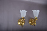 Vintage Brass Wall Sconces, Frosted Textured Tulip Glass Shades, Pair
