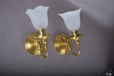 Vintage Brass Wall Sconces, Frosted Textured Tulip Glass Shades, Pair