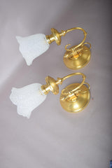 Vintage Brass Wall Sconces, Frosted Textured Tulip Glass Shades, Pair