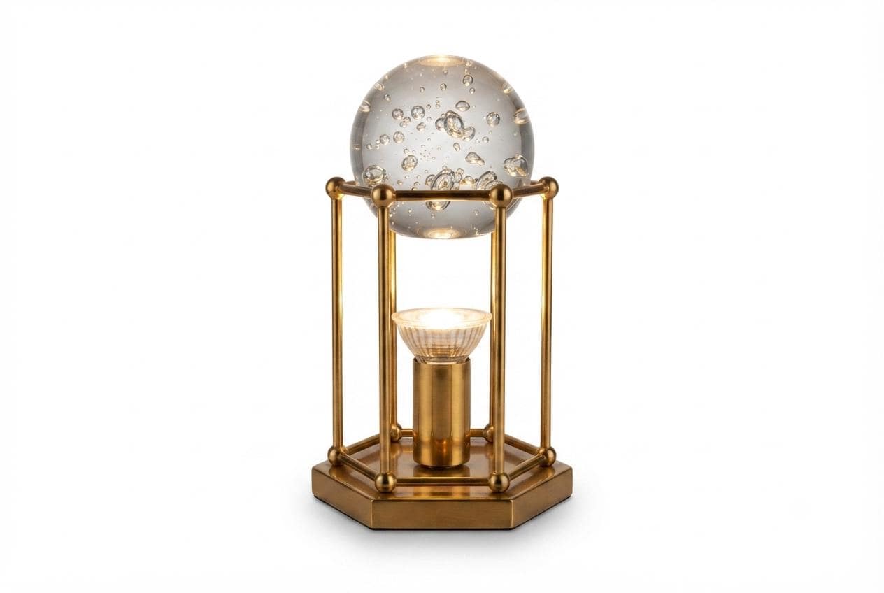 Brass Cage Lamp with Bubble Glass Sphere, Hexagonal Base