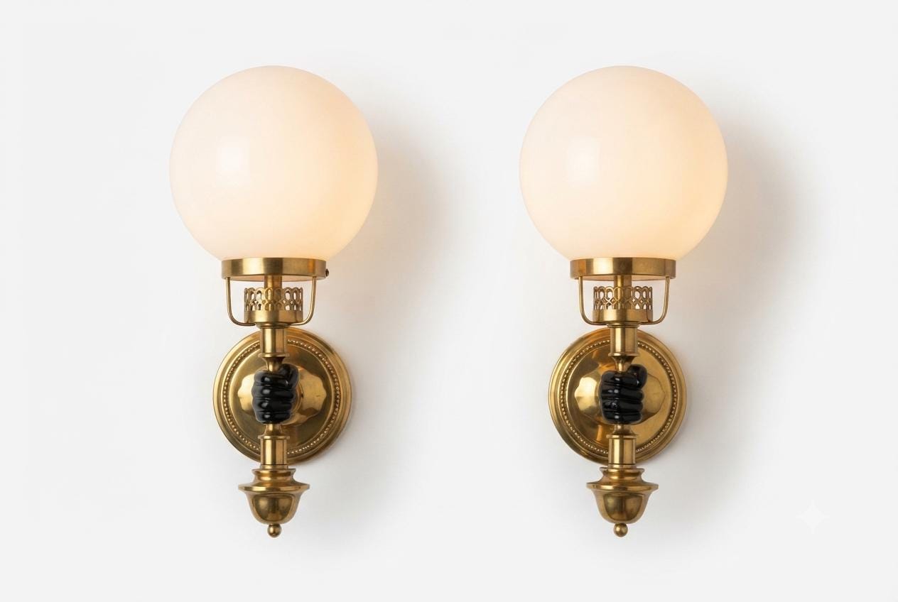 Vintage Brass-Toned Wall Sconces, White Glass Globe Shades, in the Style of Maison Jansen — Pair