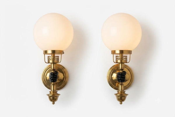Vintage Brass-Toned Wall Sconces, White Glass Globe Shades, in the Style of Maison Jansen — Pair