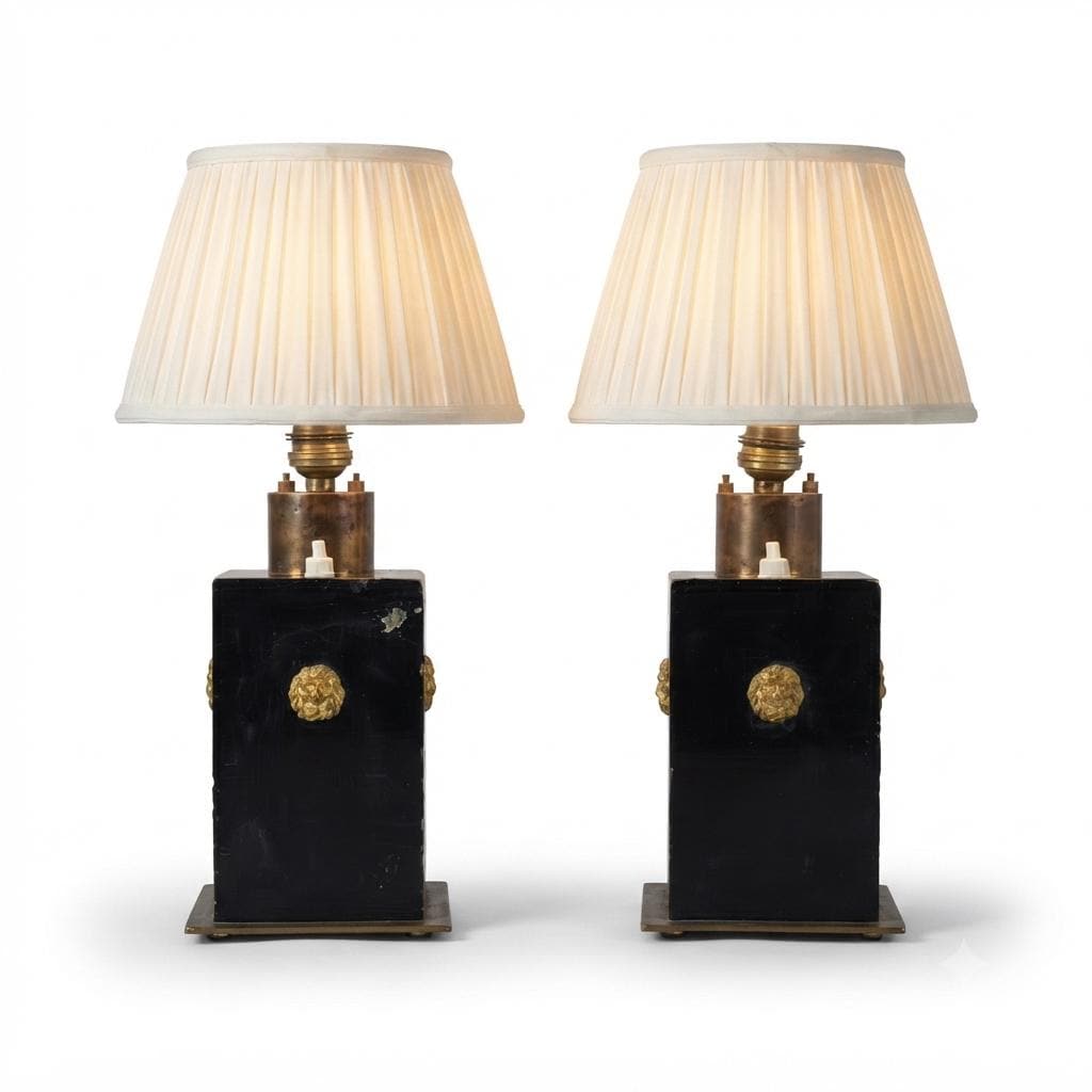 Vintage Black and Brass Table Lamps, Art Deco Style Geometric Base, Pair