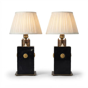 Vintage Black and Brass Table Lamps, Art Deco Style Geometric Base, Pair