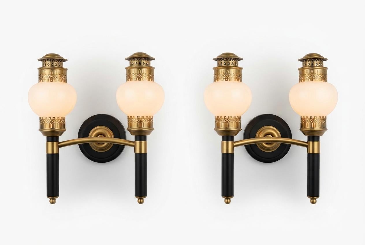 Vintage Brass and Black Double-Arm Wall Sconces, Opal Glass Globes, Pierced Filigree Caps, Pair