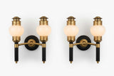 Vintage Brass and Black Double-Arm Wall Sconces, Opal Glass Globes, Pierced Filigree Caps, Pair
