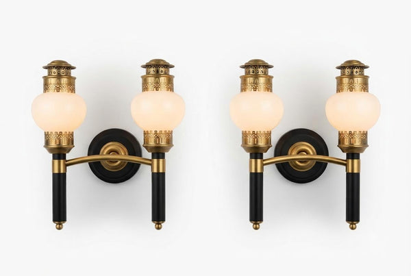Vintage Brass and Black Double-Arm Wall Sconces, Opal Glass Globes, Pierced Filigree Caps, Pair