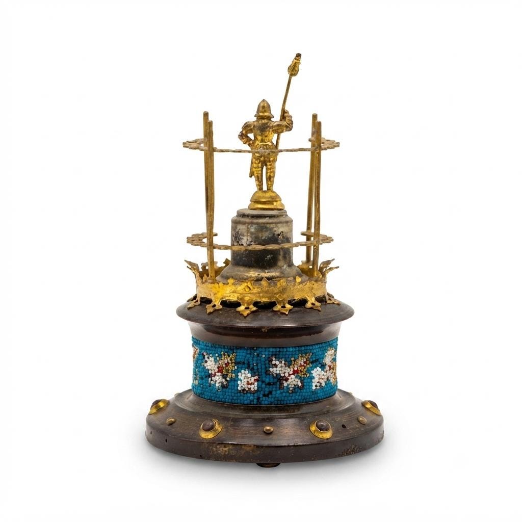 Vintage Knight Figural Toothpick Holder, Gold-Toned Metal, Beaded Wood Base, 1950s