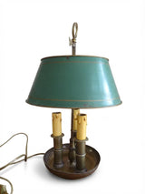 Antique French Bouillotte Lamp, Green Tole Shade with Gilt Bands, Three-Light Metal Base
