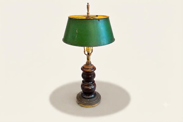 Vintage French Table Lamp, Turned Wood Base, Green Tole Shade, Empire Style, 1950s
