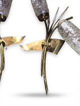 Pair of 1960s Gilt Metal Reed Wall Sconces, Frosted Glass Wheat Sheaf Design, Attributed to Maison Arlus