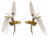 Pair of 1960s Gilt Metal Reed Wall Sconces, Frosted Glass Wheat Sheaf Design, Attributed to Maison Arlus