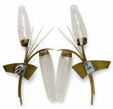 Pair of 1960s Gilt Metal Reed Wall Sconces, Frosted Glass Wheat Sheaf Design, Attributed to Maison Arlus