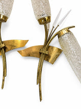 Pair of 1960s Gilt Metal Reed Wall Sconces, Frosted Glass Wheat Sheaf Design, Attributed to Maison Arlus