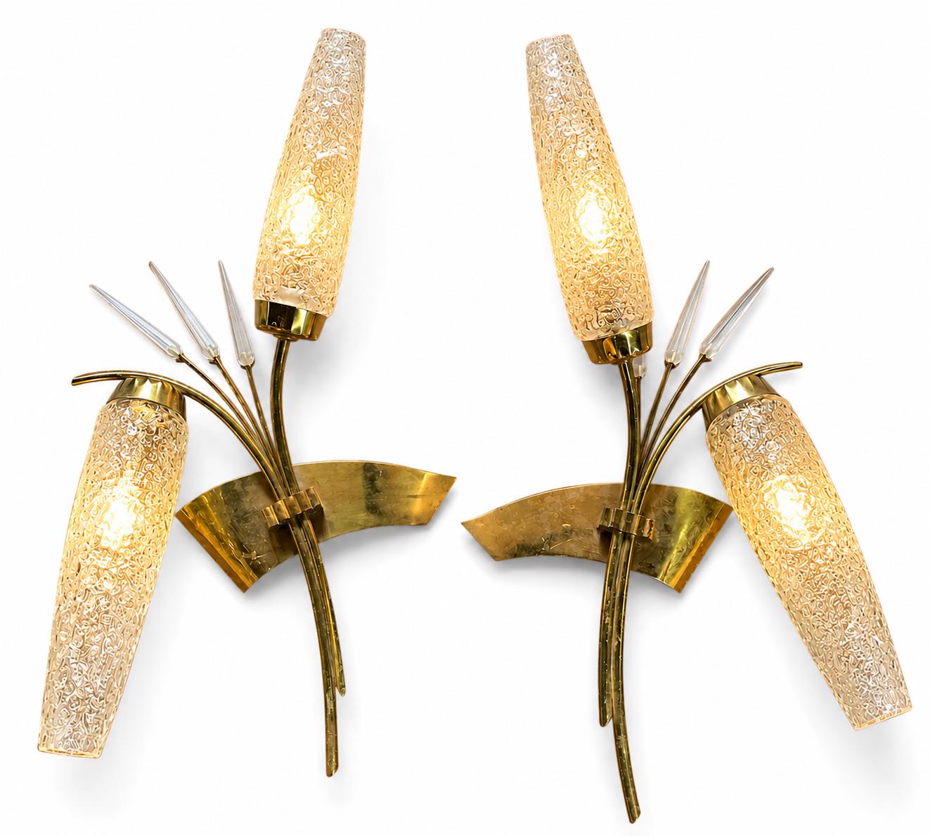 Pair of 1960s Gilt Metal Reed Wall Sconces, Frosted Glass Wheat Sheaf Design, Attributed to Maison Arlus