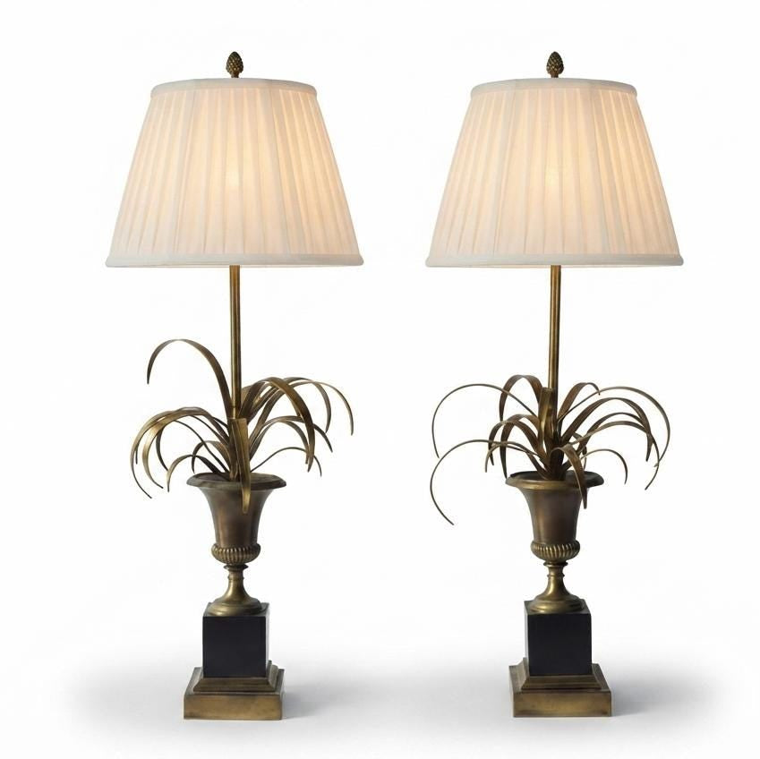 Vintage Maison Charles Brass Palm Table Lamps, French Mid-Century Hollywood Regency Pair, "Vase Roseaux" Design, 1950s