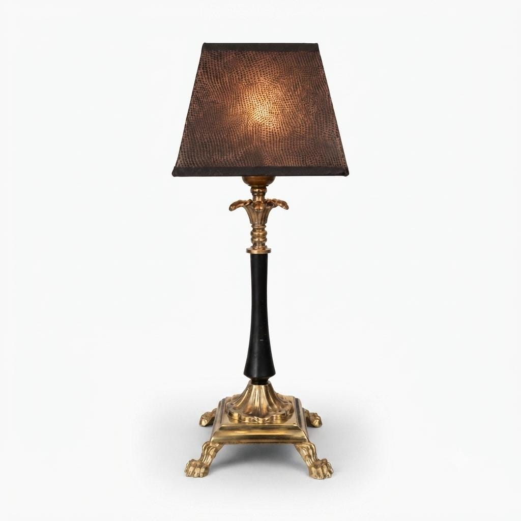 Vintage Brass Table Lamp, Snakeskin-Pattern Fabric Shade, Claw Foot Base, 1950s