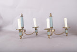 Pair of Brass and Blue-Grey Wall Sconces, Three-Arm Neoclassical Style Lighting, Circa 1940s
