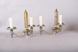 Pair of Brass and Blue-Grey Wall Sconces, Three-Arm Neoclassical Style Lighting, Circa 1940s