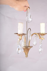 Pair of Vintage Brass Wall Sconces, Crystal Drops, Fan Backplate Design