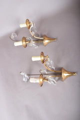 Pair of Vintage Brass Wall Sconces, Crystal Drops, Fan Backplate Design
