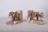 Pair of Art Deco Greyhound Bookends, Bronze Dogs on Red Marble, French Style Bookstands