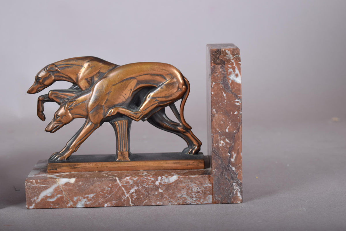 Pair of Art Deco Greyhound Bookends, Bronze Dogs on Red Marble, French Style Bookstands