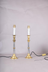 Pair of Mid-Century Brass and Chrome Column Table Lamps, Two-Tone Turned Column Base