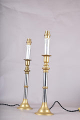 Pair of Mid-Century Brass and Chrome Column Table Lamps, Two-Tone Turned Column Base