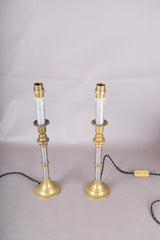 Pair of Mid-Century Brass and Chrome Column Table Lamps, Two-Tone Turned Column Base