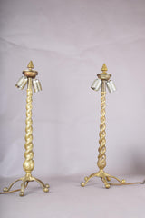 Pair of Solid Brass Barley Twist Table Lamps, Splayed Foot Base with Pleated Shades