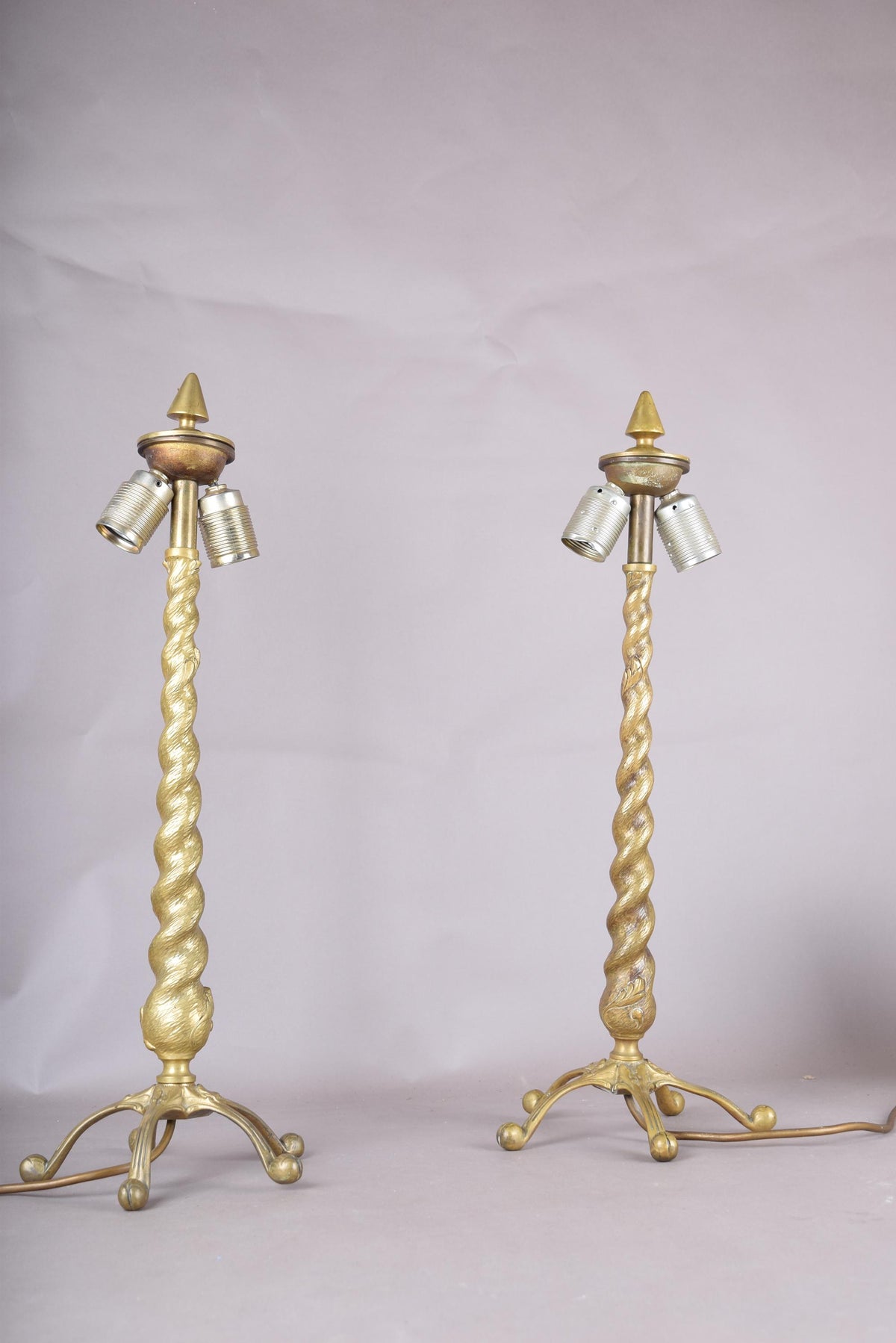 Pair of Solid Brass Barley Twist Table Lamps, Splayed Foot Base with Pleated Shades