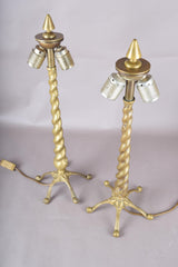 Pair of Solid Brass Barley Twist Table Lamps, Splayed Foot Base with Pleated Shades