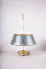 Antique French Bouillotte Lamp, Brass Base with Green Tole Shade, Paw Feet, Ring Finial