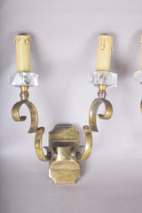 Pair of Jules Leleu Attributed Brass Wall Sconces, Scrolled Two-Arm Sconces with Crystal Bobeches
