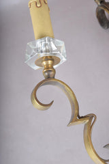 Pair of Jules Leleu Attributed Brass Wall Sconces, Scrolled Two-Arm Sconces with Crystal Bobeches