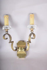 Pair of Jules Leleu Attributed Brass Wall Sconces, Scrolled Two-Arm Sconces with Crystal Bobeches