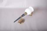 French Designer Wall Sconce, Horn-Form Brass and Black Lacquer Fixture with Cloud Glass Shade