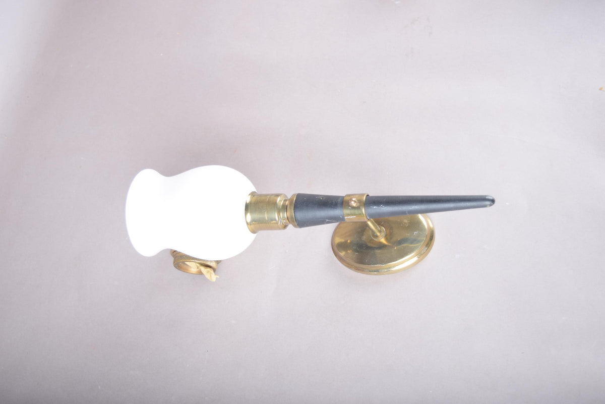 French Designer Wall Sconce, Horn-Form Brass and Black Lacquer Fixture with Cloud Glass Shade