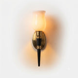 French Designer Wall Sconce, Horn-Form Brass and Black Lacquer Fixture with Cloud Glass Shade
