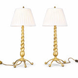 Pair of Solid Brass Barley Twist Table Lamps, Splayed Foot Base with Pleated Shades